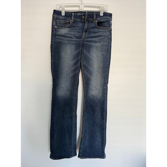 American Eagle Womens Jeans 8 Long Kick Boot Stretch Dark Wash Thigh Fading Y2K - Picture 1 of 15